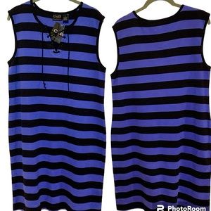 C & B Sport Sleeveless Casual Ribbed Knit Stripe Shift Dress Blue Size Large NWT